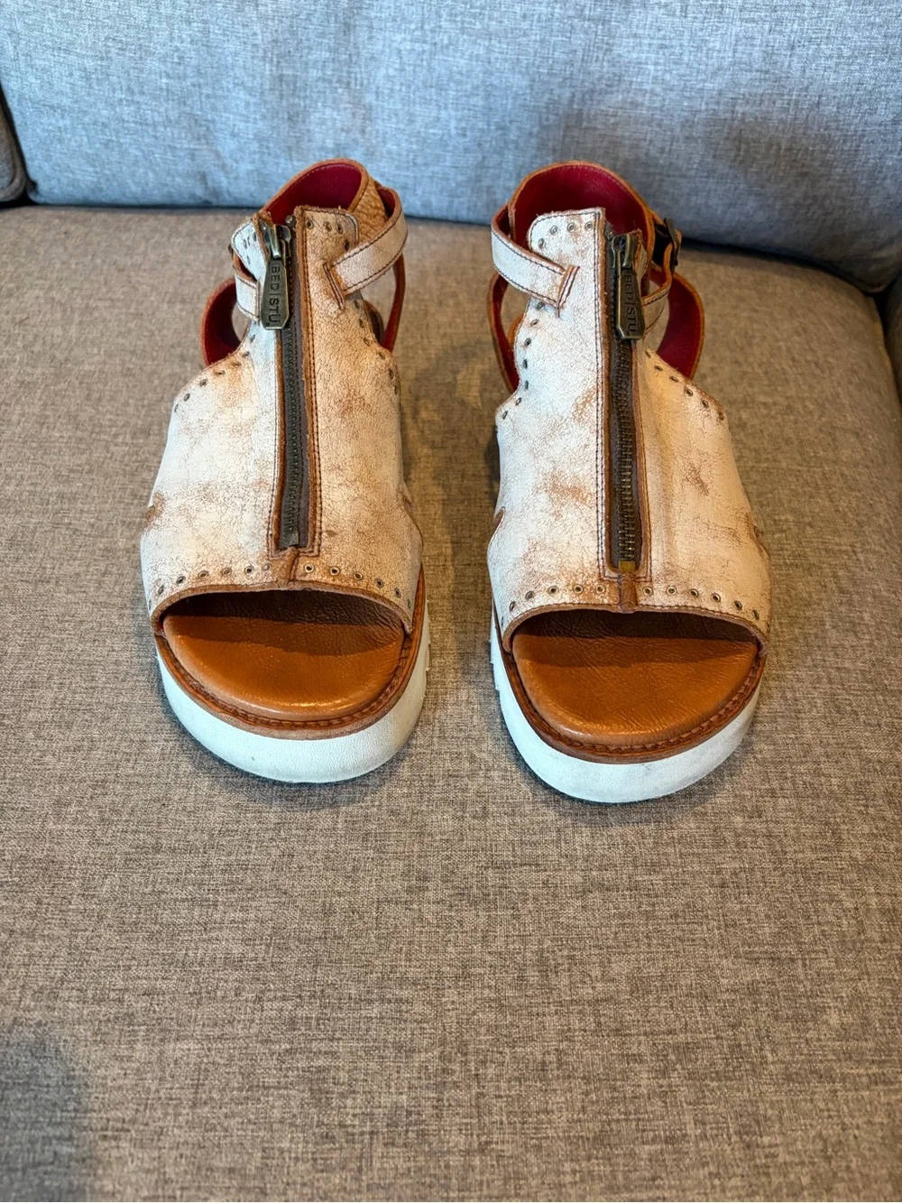 Bed Stu Beige Leather Zip-Front Platform Sandals
